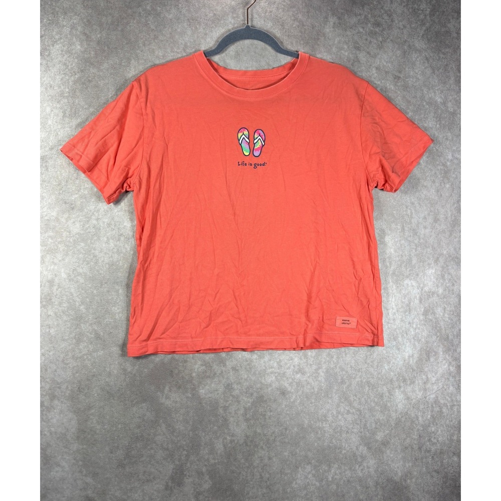 Life Is Good T-Shirt Women M Orange Crusher Flip Flops Graphic Cotton Tee